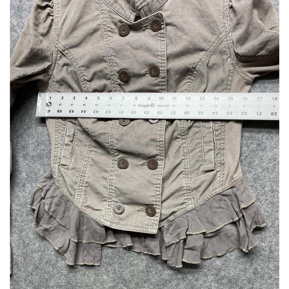 Free People Jacket Womens 4 Taupe Gray Corduroy Ruffle Peplum Romantic Military - Picture 2 of 16